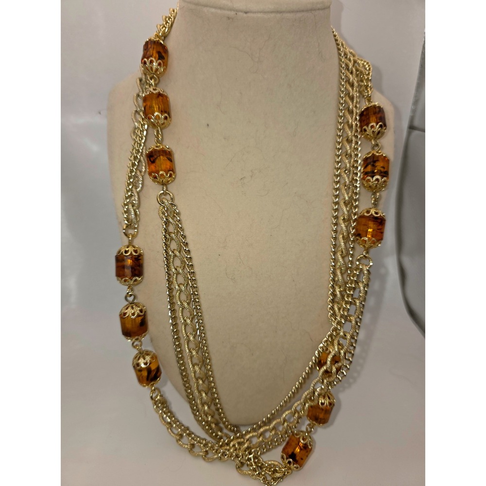 Sarah Coventry Golden Lanterns Necklace Gold Brown Fair Multi Chain Vintage